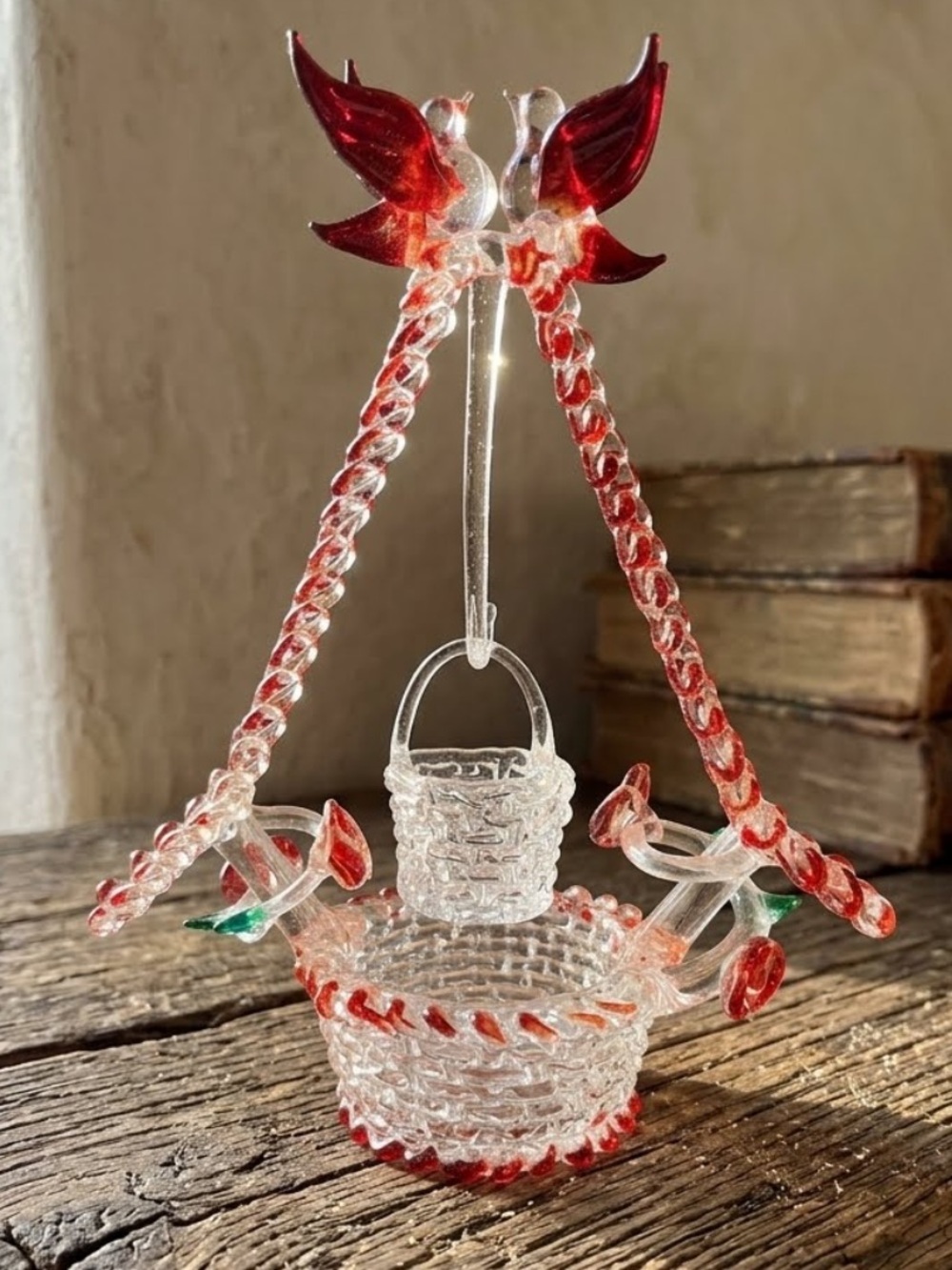 Vintage Spun Glass Wishing Well Figurine with Red Lovebirds & Hanging Bucket